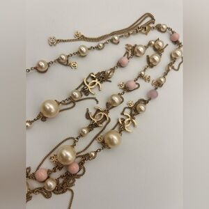 Chanel 100% Authentic Pearl 3 Large CC Long Necklace Silver Pink Tone 20 Inch